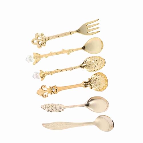 RIZGHWOY Retro -Zink -Legierung Mini Kaffee Löffel und Gabel, Vintage Style Kitchen Accessoire Set für Kommerzielle Anlässe, 6PCS Tischgeschirr (GOLD) von RIZGHWOY