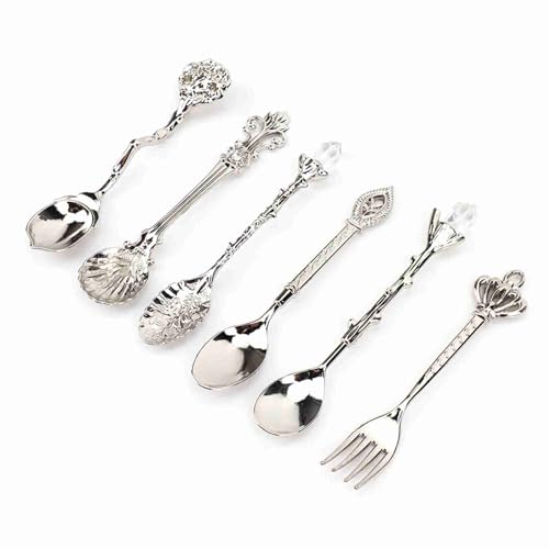 RIZGHWOY Vintage Retro Zink Alloy Löffel Gabel Set Zum Mischen von Getränken und Milchtee, Europäischer Hofstil Küchenbesteck für Zuhause und Bar (Silber (Kronengabelgriff)) von RIZGHWOY
