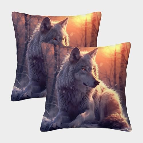 RJAVAGFZL Wolf Kissen Bezug 2er Set Kissenbezüge Wohnzimmer Kissenhülle Sofakissen Polyester Polster Textil Für Sofa Bett Garten Balkon Kinderzimmer Zierkissen 40x40cm von RJAVAGFZL