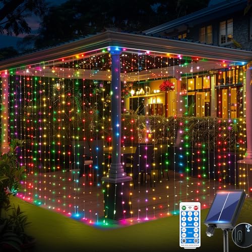 RJEDL Lichterkette Bunt, 6x3m 600 LED Solar Lichtervorhang Aussen mit 2 Lademethoden 2 Arten der Kontrolle 8 Modi Timer IP65 Wasserdicht Wasserfall Außen/Innen Lichterkette für Weihnachten,Party Deko von RJEDL