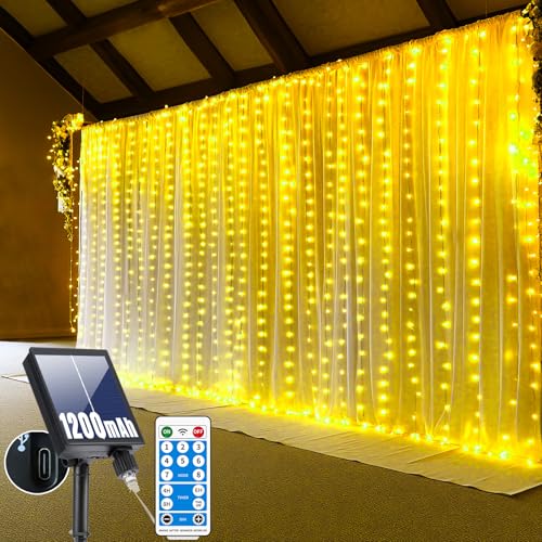 RJEDL Lichtervorhang 3x3M, 300 LED Lichterkettenvorhang Solar,8 Modi, Solar Lichterkette Außen USB-Strom,IP65 Wasserdicht Mit Fernbedienung Timer und Speicherfunktionen[Warmweiß] von RJEDL