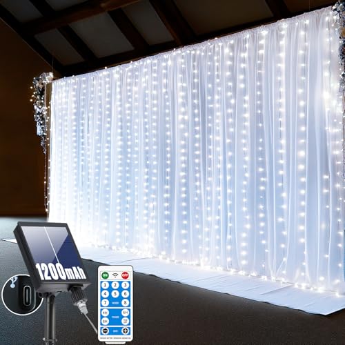 RJEDL Lichtervorhang 3x3M, 300 LED Lichterkettenvorhang Solar,8 Modi, Solar Lichterkette Außen USB-Strom,IP65 Wasserdicht Mit Fernbedienung Timer und Speicherfunktionen[weiß] von RJEDL