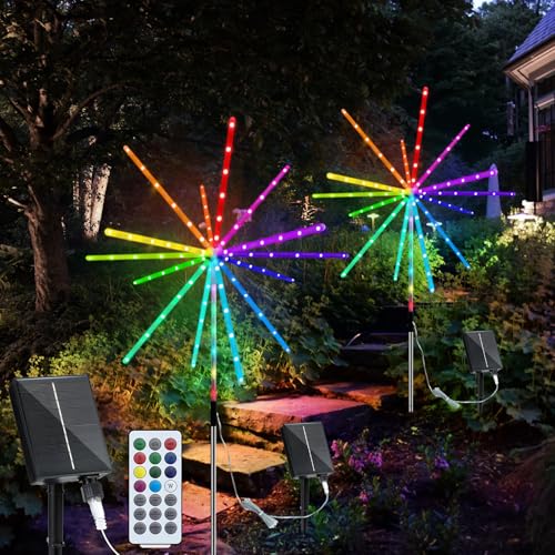 RJEDL 2500mAh Gartendeko Solarleuchten für Außen, 2 Stücke 448LED Wasserdicht Feuerwerk Solarleuchten, Mit 16 Modi Solar Gartenleuchten für den Außenbereich(Multicolor) von RJEDL