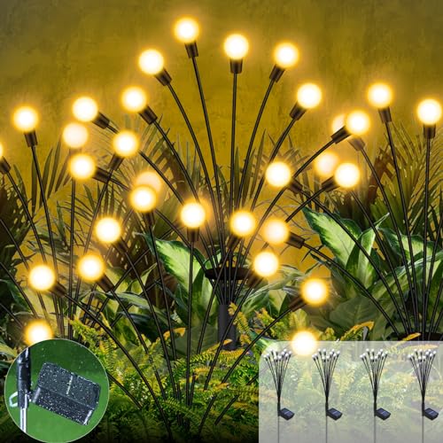 RJEDL Solar Lichterkette Outdoor, 4 Stück 10LED Glühwürmchen Solar Außen, 8 Modir Glühwürmchen Licht IP65 Wasserdicht Solar Lichterkette Außen für Garten,Terrasse,Strauchwerk von RJEDL