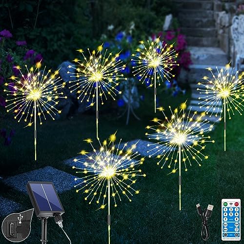 RJEDL Solarstecker Gartenleuchten,6 Stück Solar Feuerwerk Lichter 8 Beleuchtungsmodi mit Fernbedienung, 3 Helligkeit Outdoor Wasserdicht DIY Feuerwerk Lampe für Pfad Party Hof Deko von RJEDL