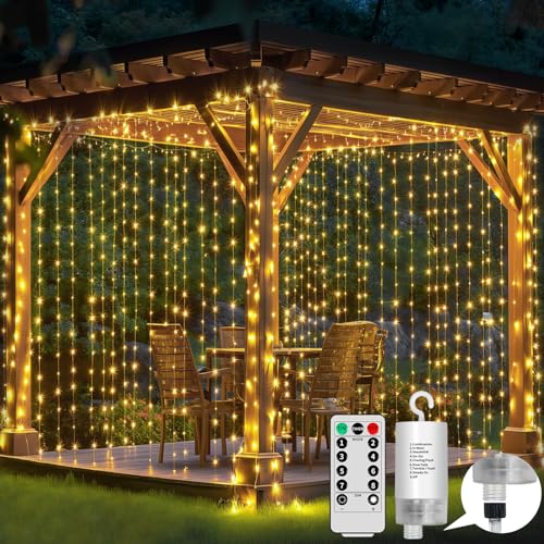 RJEDL Vorhang Lichter batteriebetrieben, 6x3m 600LED Fee Vorhang Lichter im Freien wasserdicht mit Fernbedienung, 8 Modi Wasserfall Garten String Lichter für Patio Gazebo Party Valentinstag von RJEDL