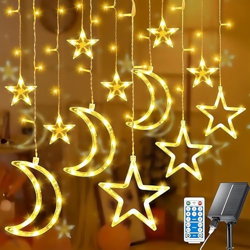 RJEDL Solar Lichterkette Aussen, 138LED 3.8M Wasserdicht Solar Ramadan Licht Stern Mond Lichterketten, Mit 8 Modi & Timer und Speicher Lichterkette Außen Solar Star von RJEDL