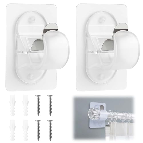 2 Stück Gardinenstangenhalterungen Ohne Bohren, Robust Gardinenhaken Selbstklebend Handtuch Stangen Haken Vorhänge Haken Halter für Wohnzimmer, Schlafzimmer, Bad, Hotel (Transparent) von RJLLKD