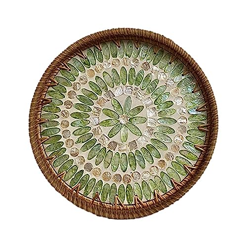 RJSQAQE Rundes Rattan-Serviertablett mit Perlmutt-Inlay, handgewebtes, dekoratives Esstablett mit Holzboden, dekorative Weidenkörbe, gewebtes Serviertablett für Couchtisch von RJSQAQE