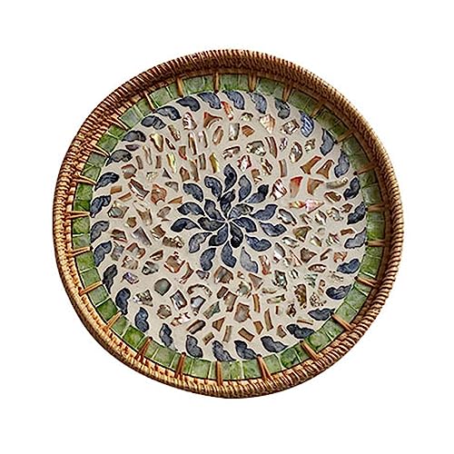 RJSQAQE Rundes Rattan-Serviertablett mit Perlmutt-Inlay, handgewebtes, dekoratives Esstablett mit Holzboden, dekorative Weidenkörbe, gewebtes Serviertablett für Couchtisch von RJSQAQE