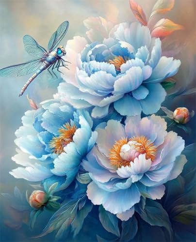 RKFLGEW DIY Perlen Zum Sticken Fantasie Blaue Pfingstrose Blume DIY Perlen Gedruckt Perlen Stickerei Kreuzstich Kit Home Art Decor Handarbeit 40x50cm von RKFLGEW
