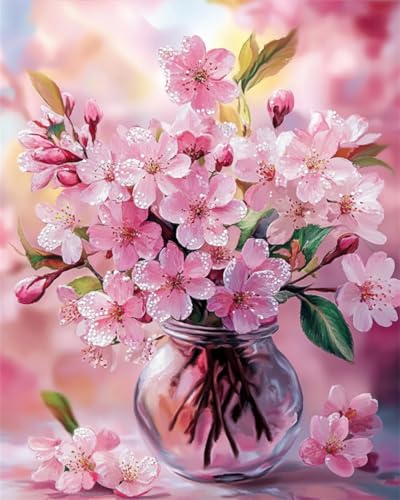 RKFLGEW DIY Perlen Zum Sticken Rosa Pfirsichblüten In Der Vase Kreuzstich-Set Mit Perlen，Gestempeltes Stickset Für Erwachsene，Wandkunst 40x50cm von RKFLGEW