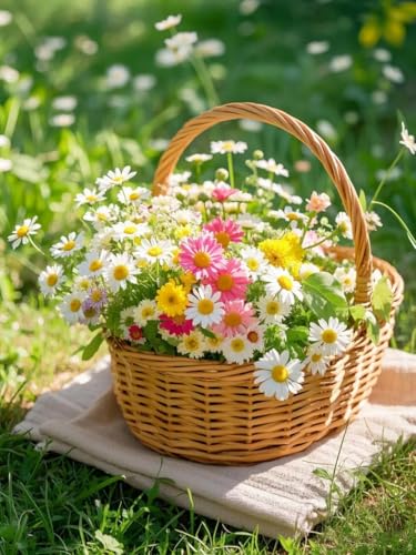 RKFLGEW DIY Perlenstickerei Komplett Set Bunte Gänseblümchen Im Korb Diy-Perlenstickerei-Set Für Anfänger，Handarbeitsset，Nadelstichmuster，Heimdekoration 40x50cm von RKFLGEW