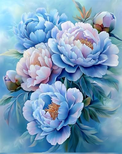 RKFLGEW DIY Perlenstickerei-Set Für Erwachsene Fantasie Blaue Pfingstrose Blume Perlenstickerei-Set，Einfaches Kreuzstich-Sets Für Erwachsene Und Anfänger Für Handarbeiten 50x70cm von RKFLGEW