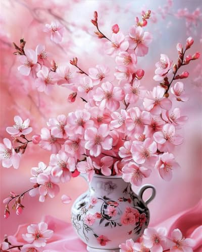 RKFLGEW DIY Perlenstickerei-Set Für Erwachsene Rosa Pfirsichblüten In Der Vase Diy-Perlenstickerei-Set Für Anfänger，Handarbeitsset，Nadelstichmuster，Heimdekoration 50x70cm von RKFLGEW