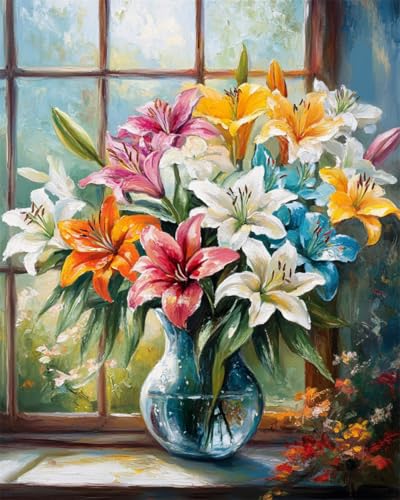RKFLGEW DIY Perlenstickerei Set Mit Perlen Vollbild Bunte Lilien In Der Vase Nadelspitze Wandteppich Kit Perlen Nähen Nadelarbeit Set Perle Kreuzstich 30x40cm von RKFLGEW