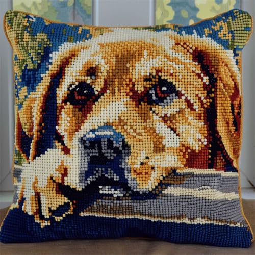 RKFLGEW DIY knüpfen set erwachsene labrador retriever tier knüpfkissen set Süßer Hund DIY Haken Häkeln Garn Nadel Handwerk einfache handgemachte Kissen für Home Sofa Dekoration 43x43cm von RKFLGEW