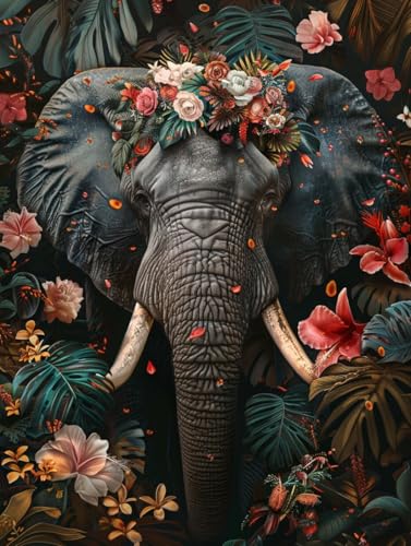 RKFLGEW Diy Kreuzstich Perlenstickerei Kit Elefanten Und Blumen Perlenstickerei Kit Fantasie Tiere Nadelspitze Gobelin Kit Perlenstickerei Handarbeit Kit Perlen Kreuzstich Kit 40x50cm von RKFLGEW