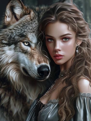 RKFLGEW Diy Kreuzstich-Perlenstickerei-Set Der Wolf Und Das Mädchen Perlenstickerei-Set Tier-Ölgemälde Nadelspitze Gobelin-Set Perlenstickerei-Set Perlenkreuzstich-Set 40x50cm von RKFLGEW