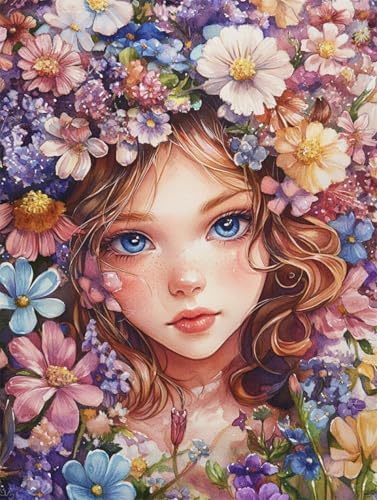 RKFLGEW Diy Perlenstickerei Komplett Set Anime-Mädchen Und Blumen Nadelspitze Wandteppich Kit Perlen Nähen Nadelarbeit Set Perle Kreuzstich 40x50cm von RKFLGEW