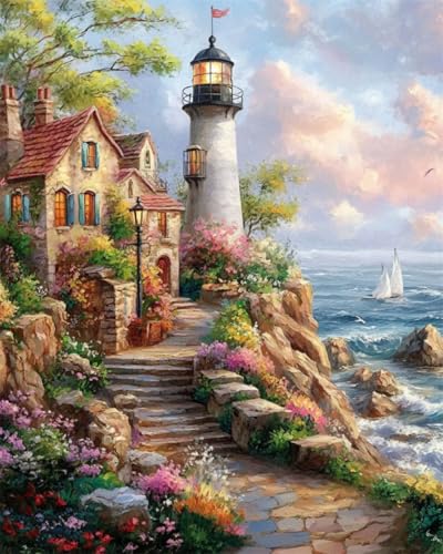 RKFLGEW Diy Perlenstickerei Komplett Set Cartoon-Leuchtturmlandschaft Am Meer Nadelstich-Handarbeitssets: Diy-Perlenmalerei，3D-Wandteppich，Perlenkreuzstich 40x50cm von RKFLGEW