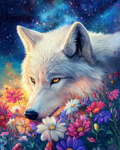 RKFLGEW Diy Perlenstickerei Komplett Set Fantasie Weißer Wolf Und Blumen Perlenstickerei-Set，Einfaches Kreuzstich-Sets Für Erwachsene Und Anfänger Für Handarbeiten 40x50cm von RKFLGEW