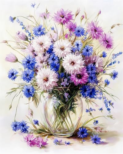 RKFLGEW Diy Perlenstickerei-Set Für Erwachsene Kornblumen In Einer Vase Nadelspitze Wandteppich Kit Perlen Nähen Nadelarbeit Set Perle Kreuzstich 50x70cm von RKFLGEW