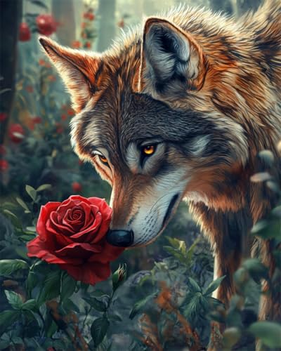 RKFLGEW Diy Perlenstickerei Set Mit Perlen Vollbild Wolf Tier Und Blumen Nadelspitze Wandteppich Kit Perlen Nähen Nadelarbeit Set Perle Kreuzstich 40x50cm von RKFLGEW
