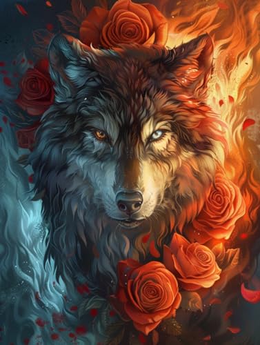 RKFLGEW Diy Perlenstickset Wolf Und Blume Perlenstickset Tier Nadelspitze Handarbeitsset Diy Perlenmalerei 3D Gobelin Perlen Kreuzstichset 40x50cm von RKFLGEW