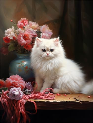 RKFLGEW Diy Stickset Weiße Katze Und Blumen Perlenstickset Tier Kreuzstich Nadelspitze Handarbeit Gobelinset Perlenstichmuster 3D 40x50cm von RKFLGEW