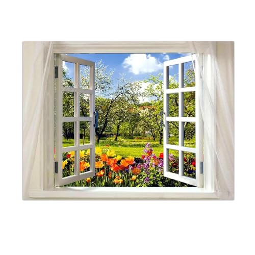 RKGHDCX Mit Rahmen LeinwandBilder.3D-Effekt Fensteransicht Bilder Landschaftsbilder Gemälde.rote Blume bilder auf Leinwand mit Fensterblick.Wandbilder80x105cm(31x41in) von RKGHDCX