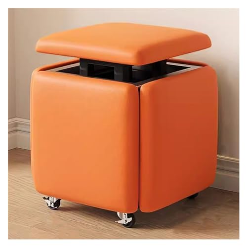 5 in 1 Nesting Ottoman Cube Chair Stapelbare Hocker, quadratische Ottomane-Bank aus Kunstleder, stapelbare Hocker, Fußhocker mit Lenkrollen für das Wohnzimmer (Farbe: Orange) von RKJDMSWJ