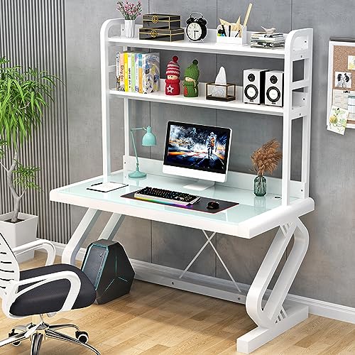 Computertisch mit Ablageflächen, Bücherregal aus gehärtetem Glas, Computertisch, Heimbüro, Arbeitstisch, Arbeitsplatz (47 Zoll, weiß) von RKJDMSWJ