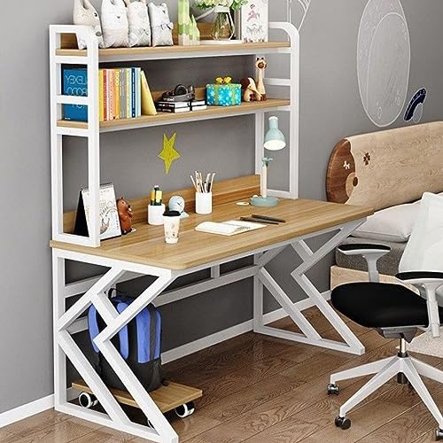 Computertisch mit Bücherregal, moderner Schreibtisch/Arbeitsplatz, Heimbüro-Schreibtisch, einfacher Aufbau (47 Zoll, natürlicher + weißer Rahmen) von RKJDMSWJ