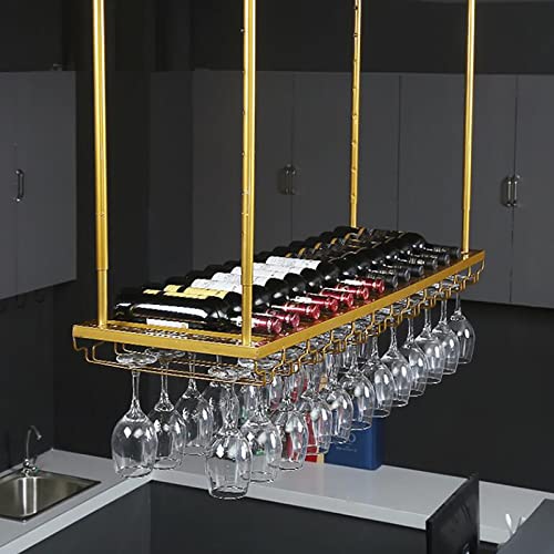 Decken-Weinregal aus Metall, höhenverstellbar, hängender Dekorationsständer, Kelch-Stielglashalter, für Bars/Restaurants/Küchen (Farbe: Gold, Größe: 120 cm) von RKJDMSWJ