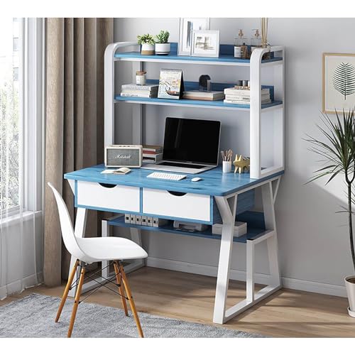 Gaming-Schreibtisch, moderner, einfacher Computertisch mit Schubladen und Bücherregal, Schreibtisch, Studenten-Schreibtisch, Lerntisch-Kombination für das Heimbüro (120 x 60 x 148 cm, blau) von RKJDMSWJ