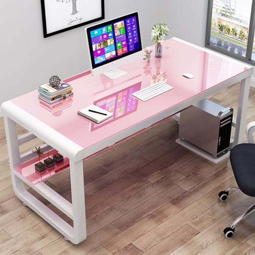 Gaming-Schreibtisch aus gehärtetem Glas, Computertisch mit Ablageflächen, moderner, einfacher Arbeitsschreibtisch mit Bücherregal, PC-Laptop-Tisch, Gaming-Schreibtisch (80 x 60 x 75 cm, rosa von RKJDMSWJ