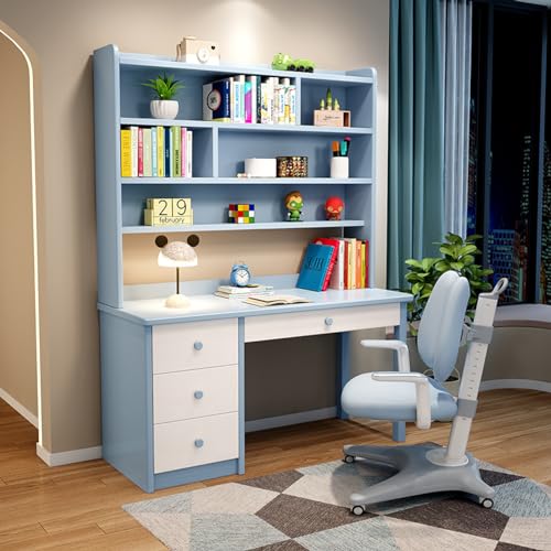 Massivholz-Schreibtisch mit Schubladen und Bücherregal, moderner Studenten-Arbeitstisch, Computer-Arbeitsplatz für das Heimbüro (39 Zoll, blau) von RKJDMSWJ