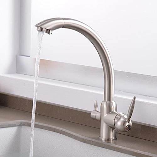 Küchenarmatur, 3-Wege-Messing, gerader Getränkehahn, Rotation, heißes und kaltes Wasser, Einloch-Küchenspüle, Armaturen für Wasserreiniger, Haferflocken (Farbe: gebürstet) von RKYRRKI