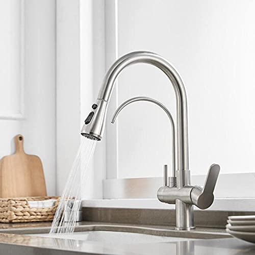 Küchenarmatur, 3-Wege-Wasserhahn mit herausziehbarem Sprühkopf, 360 ° drehbar, heißes und kaltes Wasser, Messing, multifunktional, Küchenspüle, Schwarz (Farbe: Chrom) von RKYRRKI