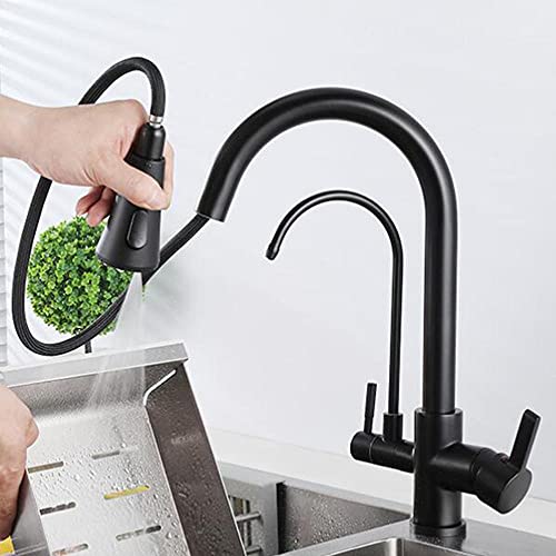 Küchenarmatur 3-in-1 mit herausziehbarem Sprühgerät, heißes und kaltes Wasser, reines Wasser, 3-in-1, 360 ° drehbar, multifunktional, Messing, Küchenspüle, Schwarz (Farbe: Chrom) von RKYRRKI