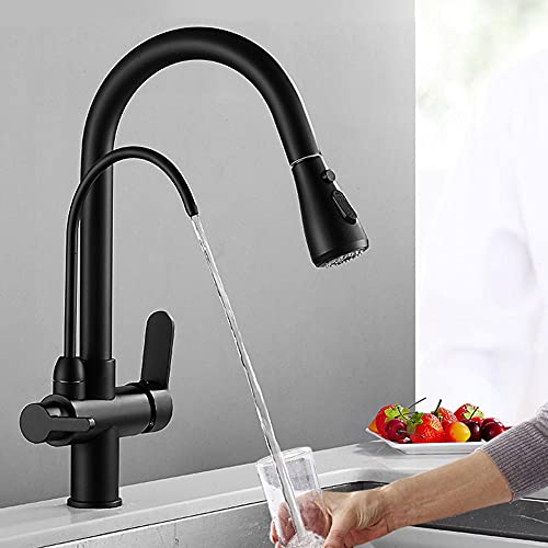 Küchenarmatur 3-in-1 mit herausziehbarem Sprühkopf, Messing, Wasserspalt, schwarz, drehbar, heißes und kaltes Wasser, gerades Trinkwasser, Küchenspüle, Armaturen von RKYRRKI