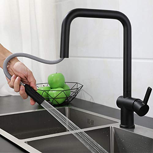 Küchenarmatur schwarz mit herausziehbarem Sprühgerät heiß und kalt, 2 Modi, Messing, Teleskop, drehbar, Einloch-Küchenspüle, Armaturen von RKYRRKI
