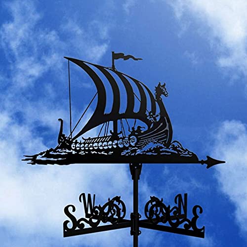 Wetterfahne aus Metall mit Wikinger-Schlachtschiff-Ornament, Wetterfahne, Gartenpfahl, Windrichtungsanzeiger mit Anti-Rost-Beschichtung für Hofdachmontage von RKYRRKI