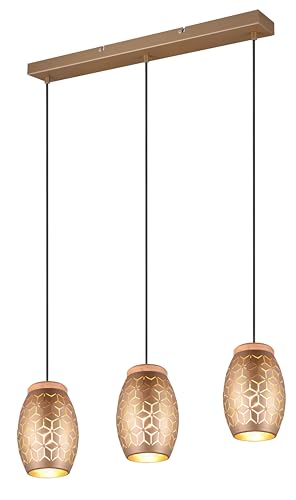 Reality Leuchten Pendelleuchte Bidar R31573065, Metall Coffee/Goldfarbig, Holz naturbelassen, exkl. 3x E27 von RL LIVE YOUR LIGHT