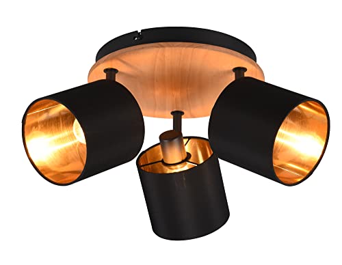 Reality Leuchten Strahler Tommy R81333930, Metall Schwarz matt, Holzdekor, Stoffschirm schwarz, exkl. 3xE14 von RL LIVE YOUR LIGHT
