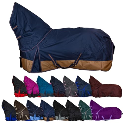 RL24 - Weidedecke Full Neck Basicline 600D Polarfleecefutter – als Regendecke & Übergangsdecke – wasserdichte Outdoordecke mit Kreuzbegurtung – Pferdedecke in Dunkelblau/Braun – Größe 155cm von RL24