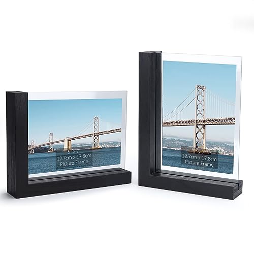 RLAVBL 2er Set Schwarze Bilderrahmen 13x18 cm, Doppelseitiger Glasbilderrahmen mit L-förmigem MDF-Sockel, für die Tischplatte von RLAVBL
