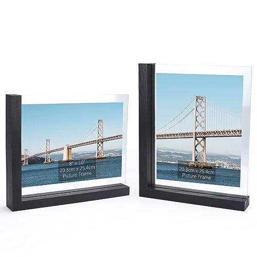 RLAVBL 2er Set Schwarze Bilderrahmen 20x25 cm, Doppelseitiger Glasbilderrahmen mit L-förmigem MDF-Sockel, für die Tischplatte von RLAVBL
