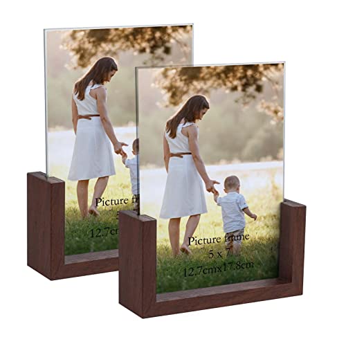 RLAVBL Doppelseitiger Bilderrahmen 13x18 cm aus Glas mit Einer braunen Holzunterlage für Tischplatte, 2er Set von RLAVBL